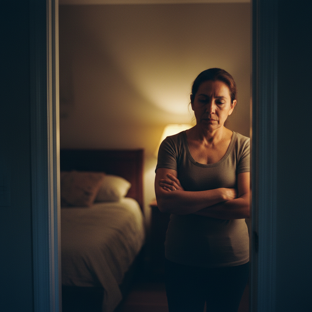 Woman pausing in a quiet bedroom doorway at dusk